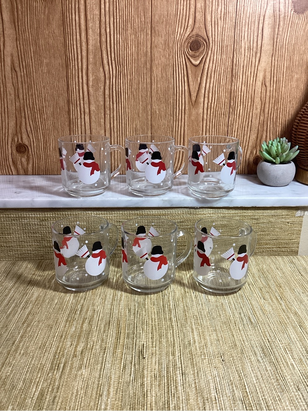 Vintage Luminarc Set of 6 Clear Glass Mugs with Snowman Design